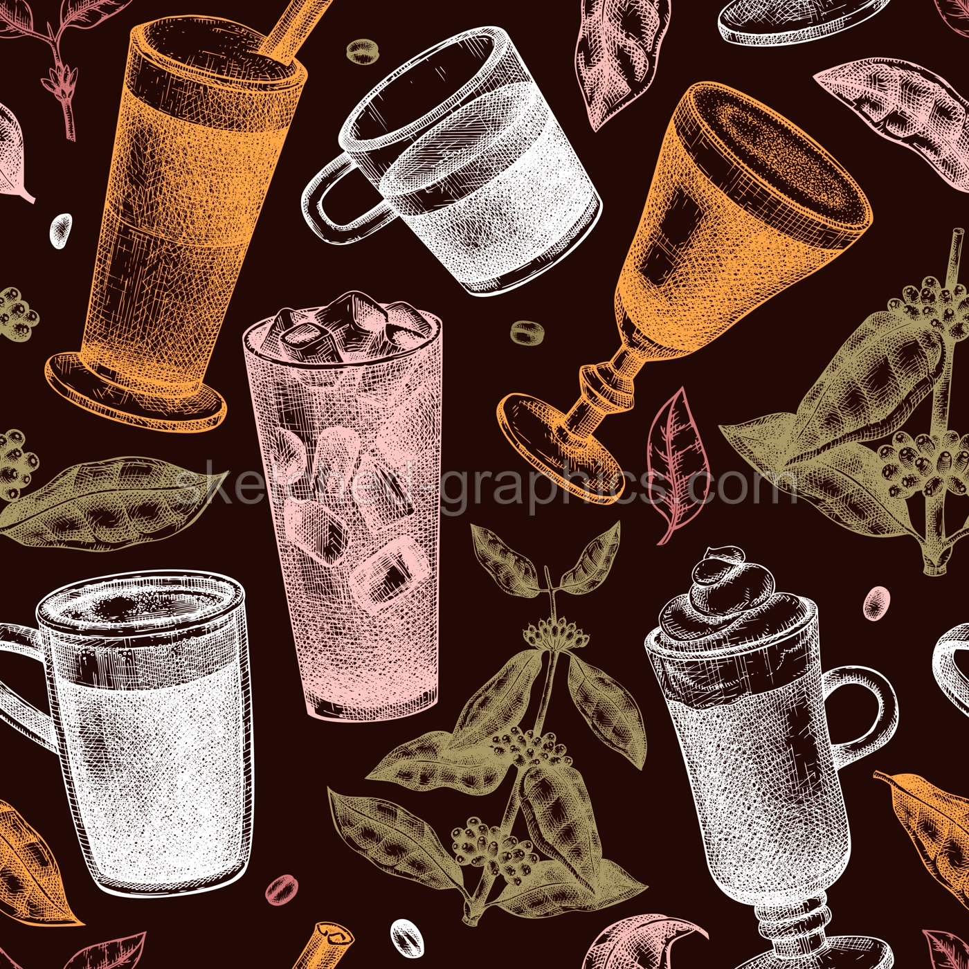 Hand-sketched coffee seamless pattern. Vector sketches of mugs with aromatic caffeine drinks background. With botanical coffee plants, leaves, and beans in vintage style. Vector beverages backdrop Illustration